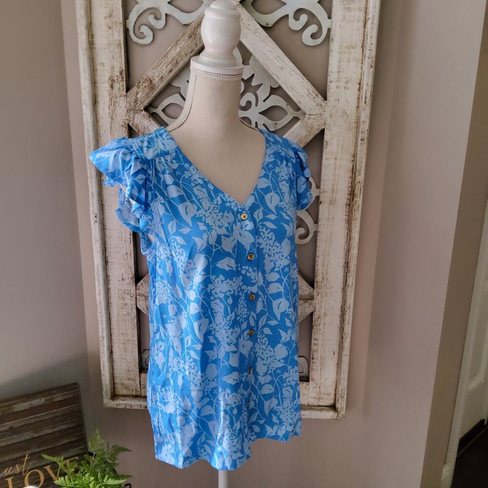 Kiwi Fresh Blue Floral Ruffle Cap Sleeve Button Front Blouse Small Cottagecore